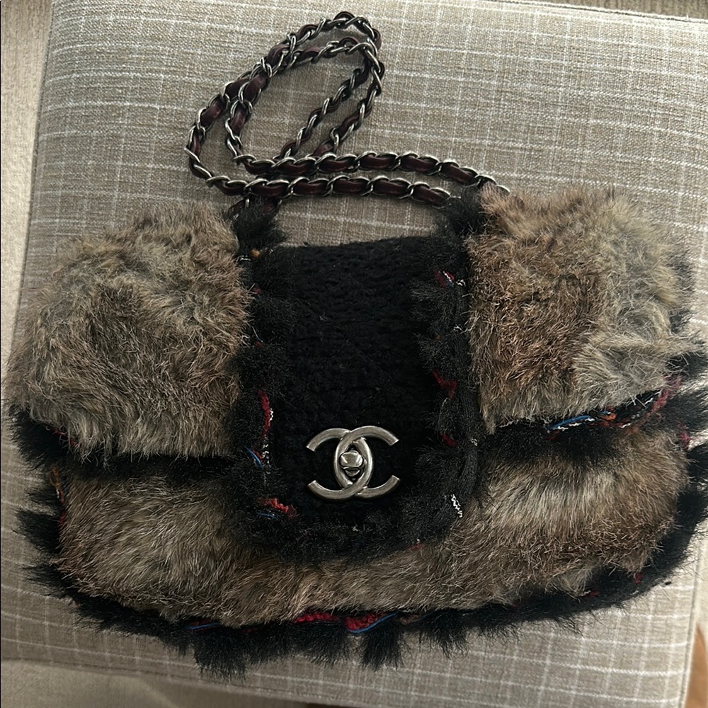 AUTHENTIC Limited Edition Chanel Fur Shoulder Bag - Black and Brown